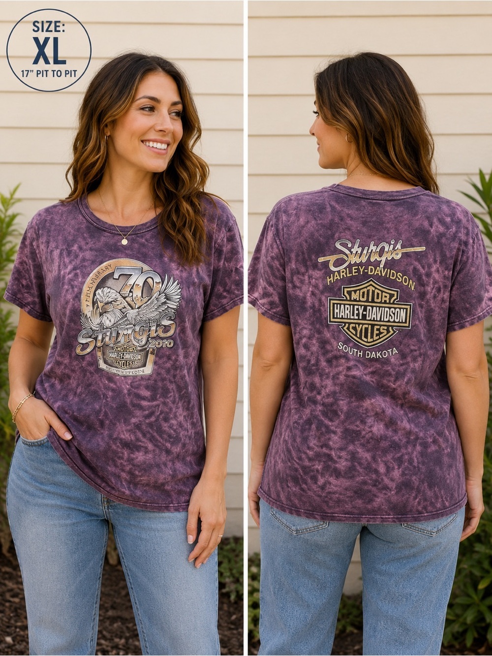 2010 Harley Davidson Purple Tie-Dye 70th Anniversary T-Shirt XL 17in pit to pit